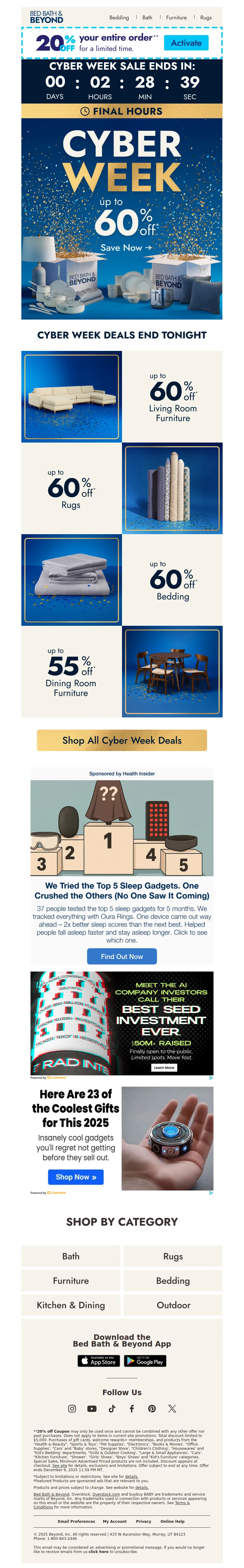 Email screenshot from Bed Bath & Beyond Cyber Week - Final hours: Cyber Week up to 60% off 🕒