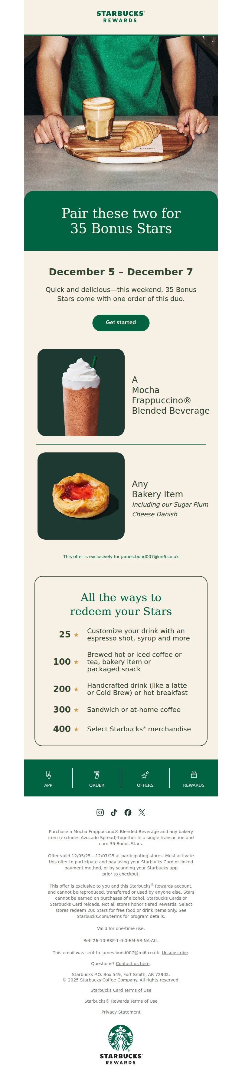 Email screenshot from Starbucks Rewards - Try this duo for 35 Bonus Stars ⭐