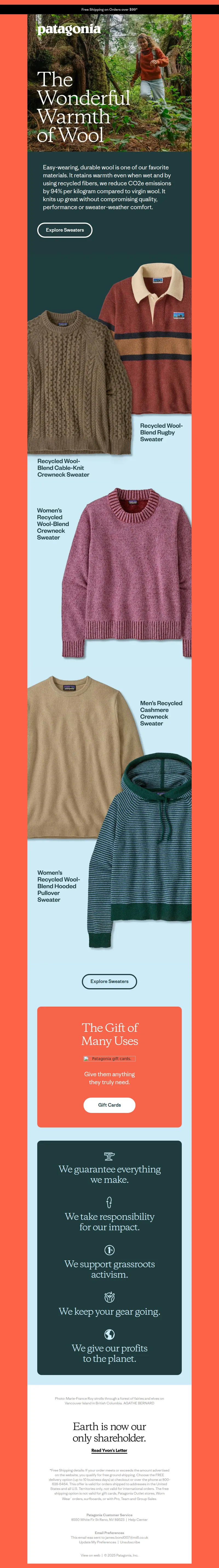 Email screenshot from Patagonia - Cozy and warm wool sweaters