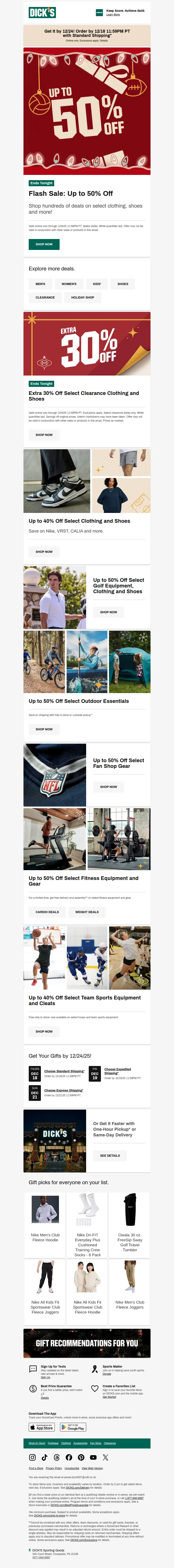 Email screenshot from Dick's | Flash Sale - Act now, up to 50% off Flash SALE savings ends tonight 💸