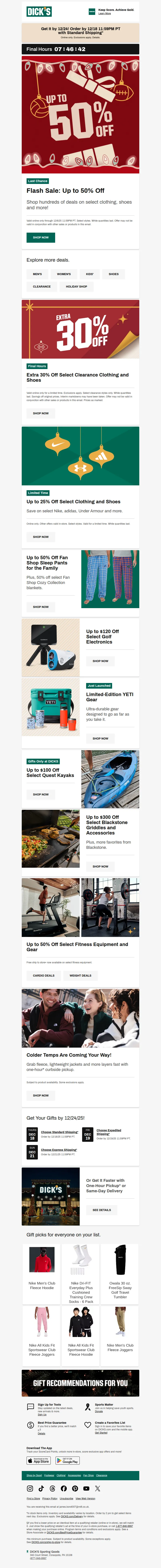 Email screenshot from Dick's | Flash Sale - You've got a few hours left! You're getting Flash SALE savings. Shop up to 50% off...