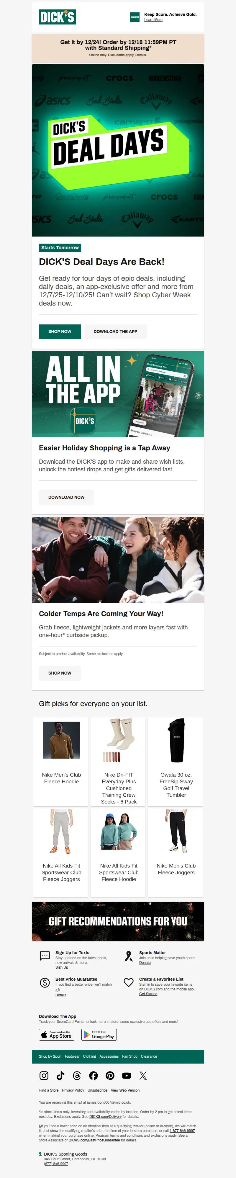 Email screenshot from Dick's Deal Days - 👀 Get ready...4 days of EPIC deals + more kick off tomorrow