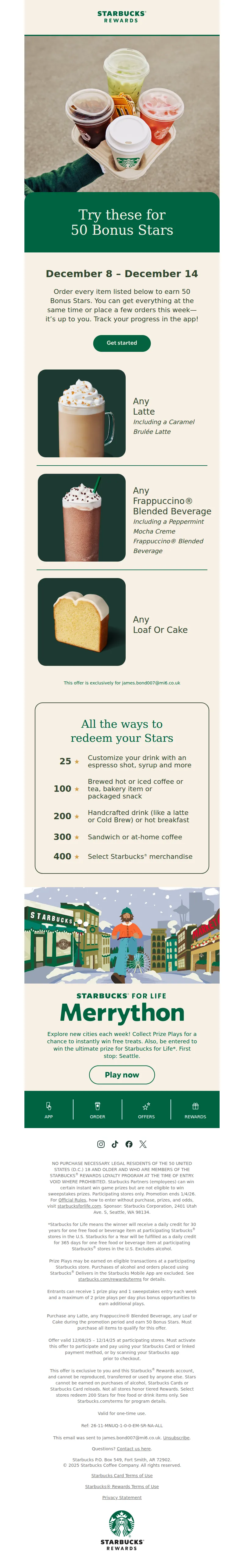 Email screenshot from Starbucks Rewards - Explore the menu for 50 Bonus Stars ⭐