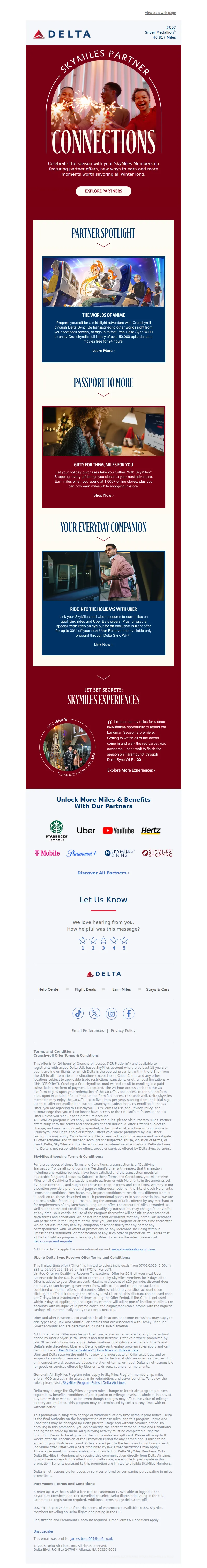 Email screenshot from Delta Air Lines - Make The Most Of The Season With SkyMiles® Partner Connection