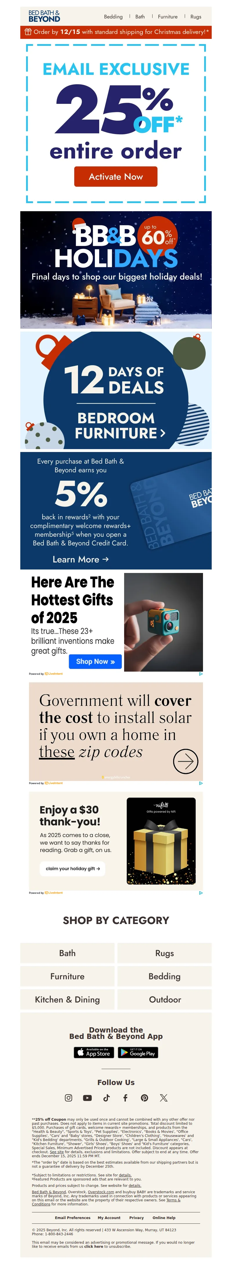 Email screenshot from Bed Bath & Beyond - Unlock 25% off your order for BB&B HoliDAYS