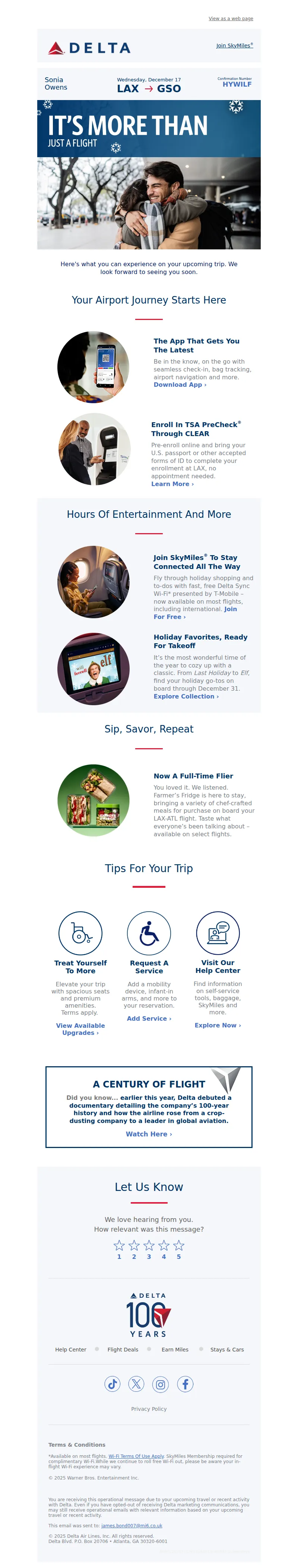 Email screenshot from Delta Air Lines - What You Can Look Forward To On Your Flight
