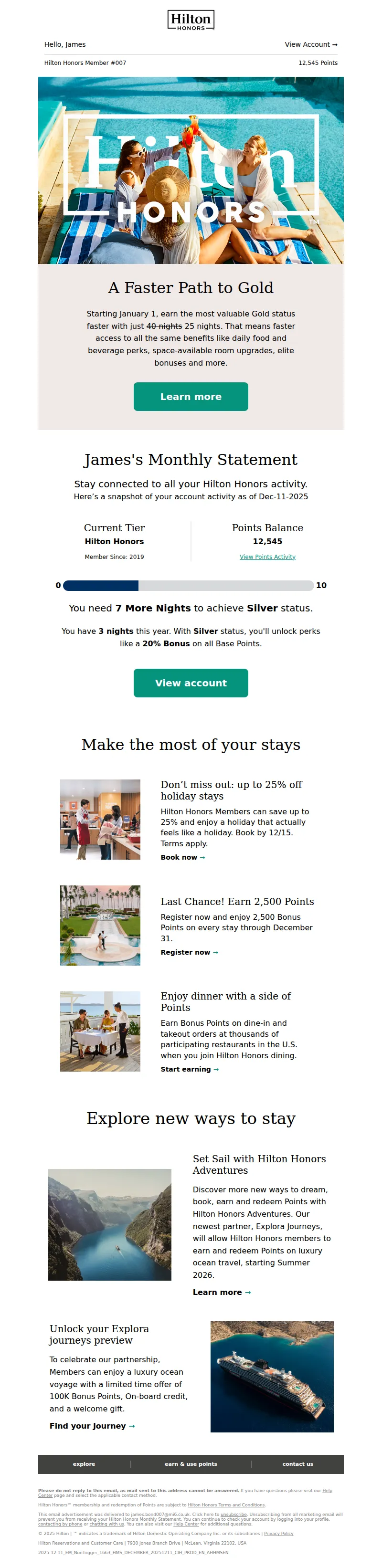 Email screenshot from Hilton Honors - Your December Hilton Honors Monthly Statement