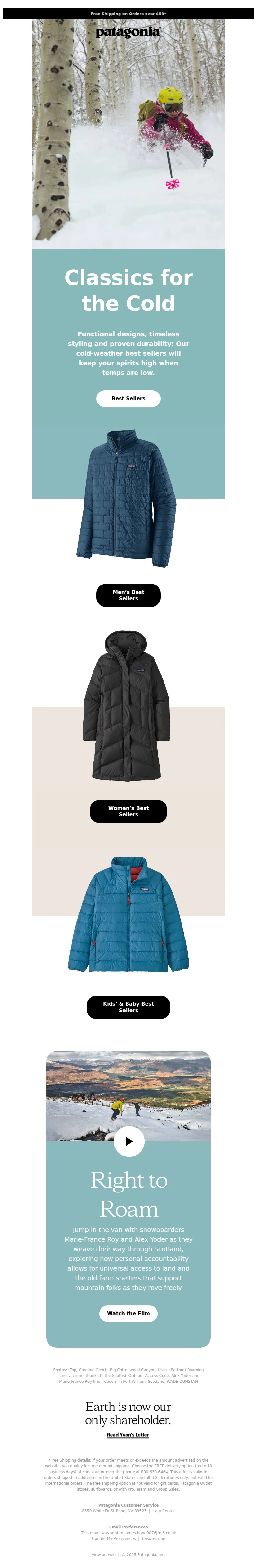 Email screenshot from Patagonia - Best Sellers for the cold