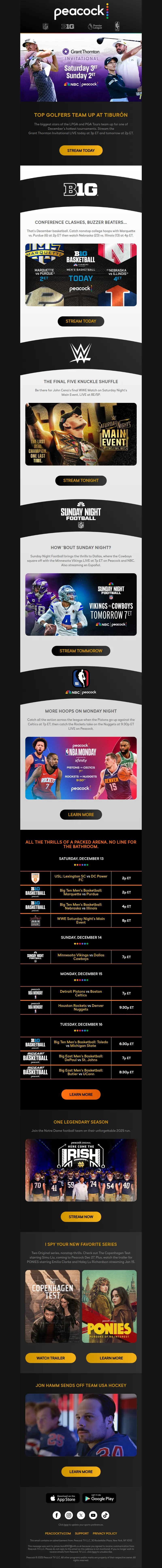 Email screenshot from Peacock - THIS WEEKEND: PGA TOUR, College Ball, WWE, and more