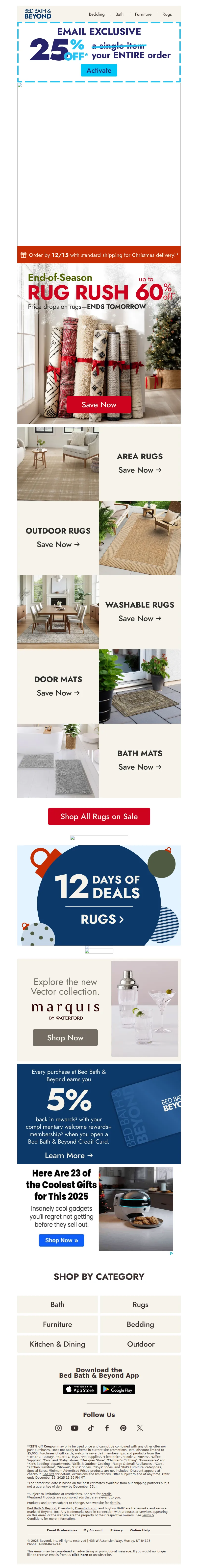 Email screenshot from Bed Bath & Beyond - Ends tomorrow: Up to 60% off rugs ⏳