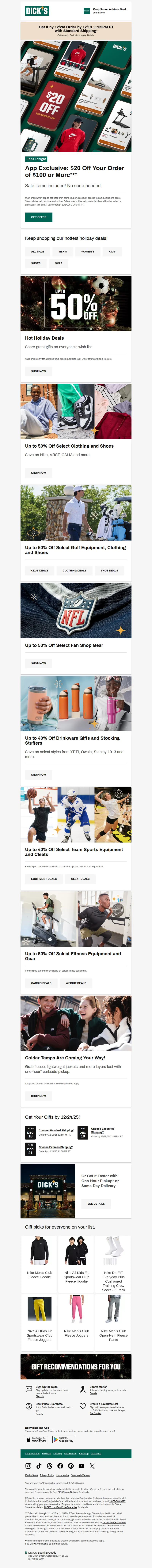 Email screenshot from Dick's Sporting Goods - Your holiday shopping boost 📲 $20 off $100+ ONLY in the app!