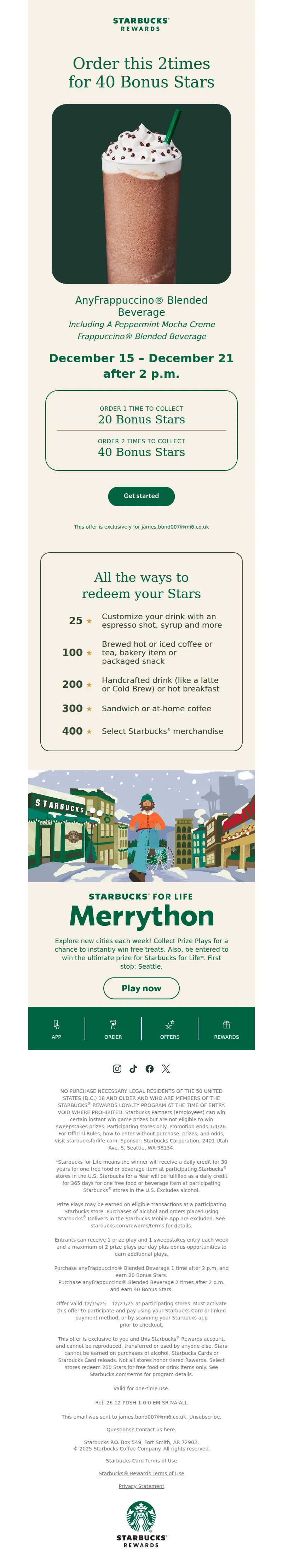 Email screenshot from Starbucks Rewards - This week’s Bonus Star treat is... ⭐