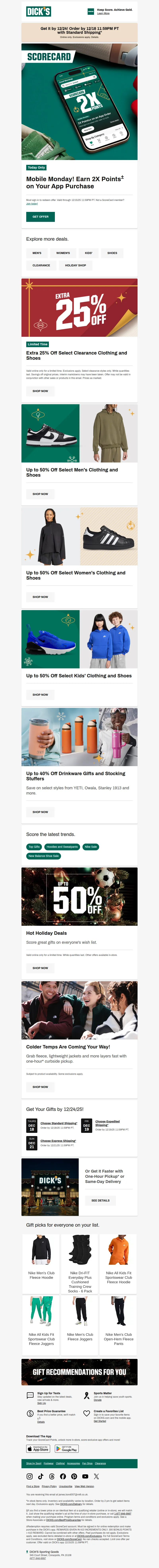 Email screenshot from Dick's | Mobile Monday - Today. Only. Earn 2X Points on your app purchase! 👉
