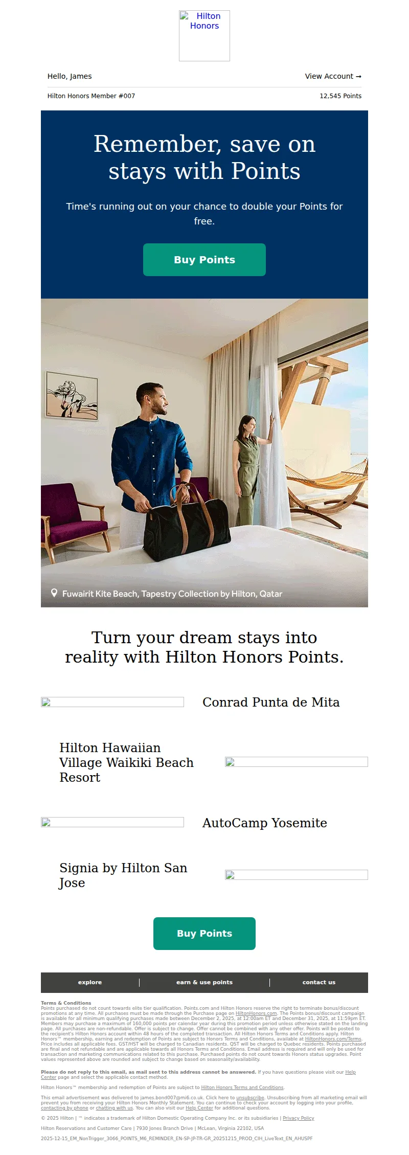 Email screenshot from Hilton Honors - Mr. Bond, need more Points?