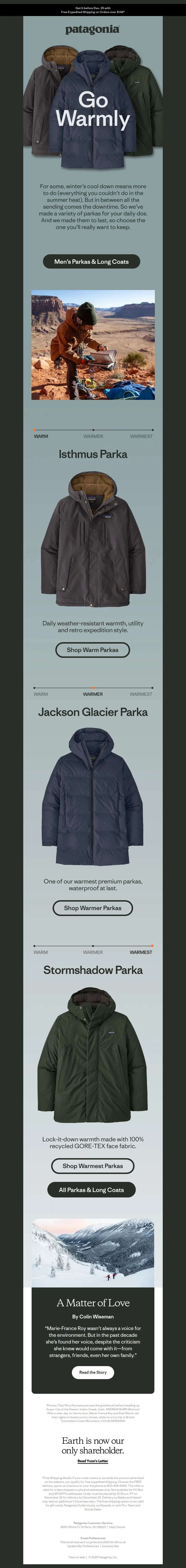 Email screenshot from Patagonia - Men’s parkas for the sendy season