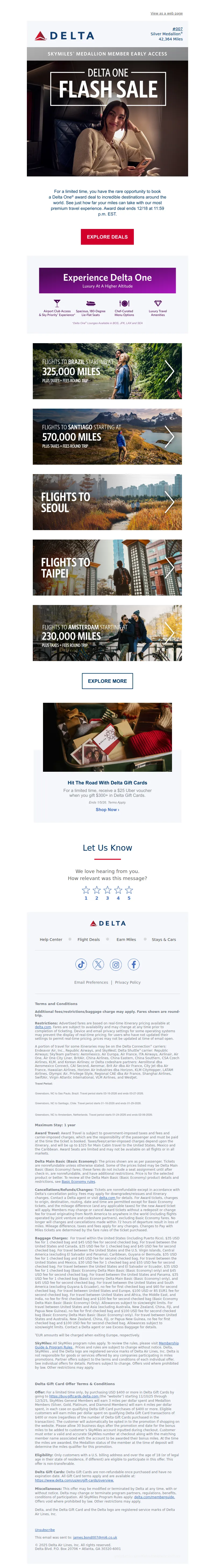 Email screenshot from Delta Air Lines - Limited-Time Delta One® Award Deals