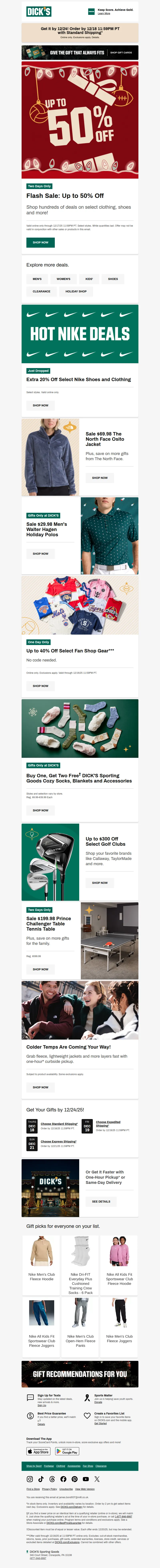 Email screenshot from Dick's | Flash Sale - 🎁 For you:Up to 50% off Merry Flash Sale DEALS