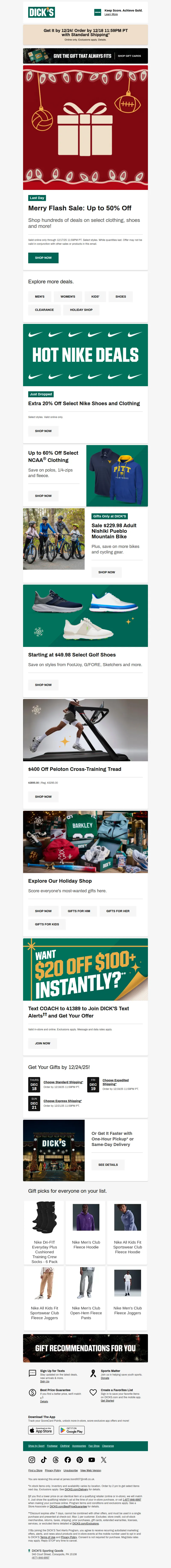 Email screenshot from Dick's | Flash Sale - Up to 50% off the Merry Flash Sale ends today. Act fast—these deals won't last long 💰