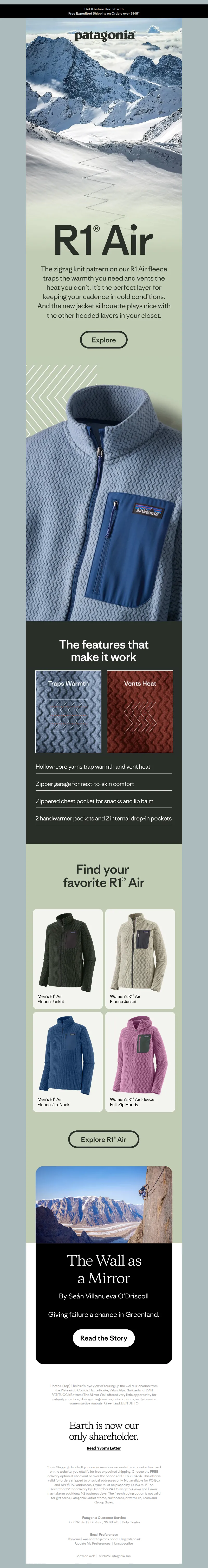 Email screenshot from Patagonia - New R1 Air Jacket