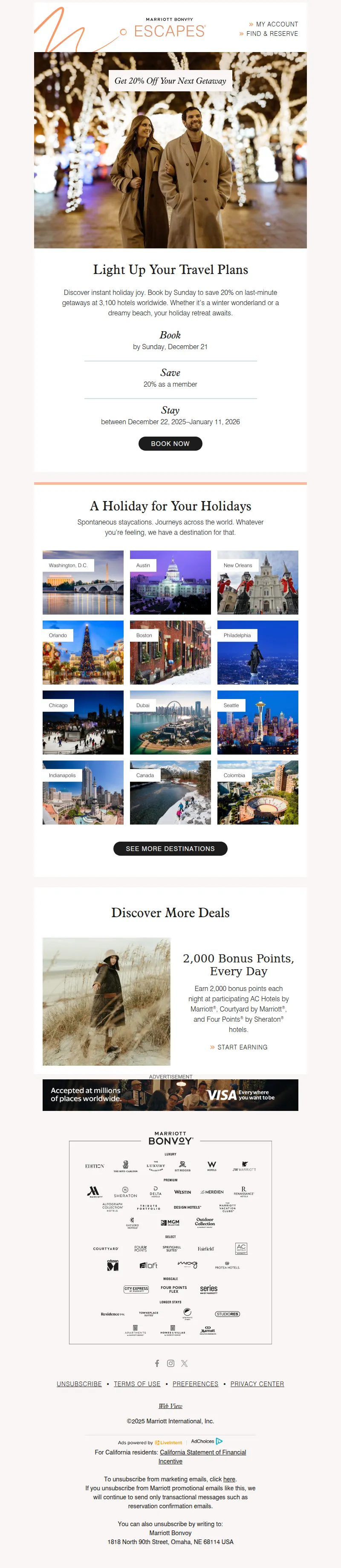 Email screenshot from Marriott Bonvoy Escapes - Save 20% Last-Minute Holiday Travel, Mr. Bond ✨