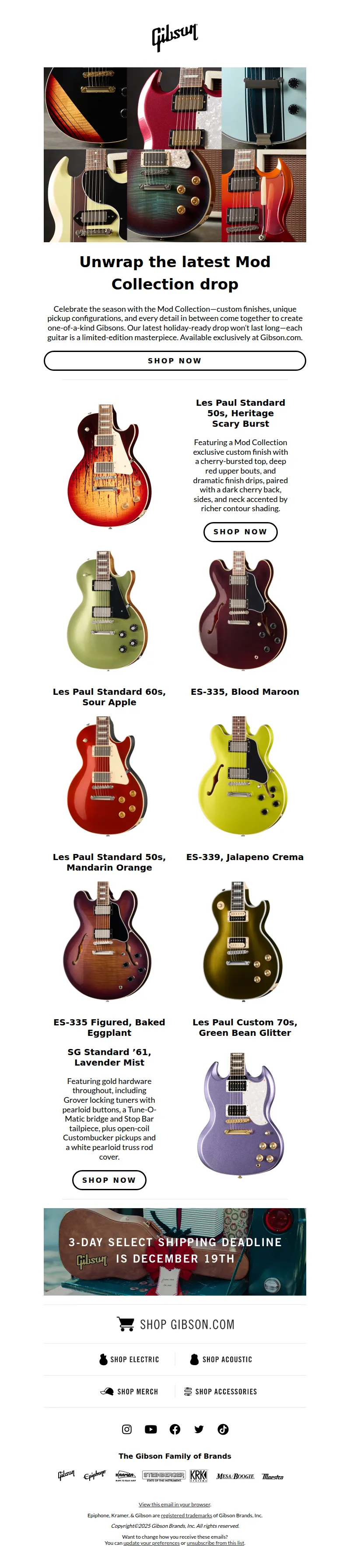 Email screenshot from Gibson - Celebrate the season with the Mod Collection