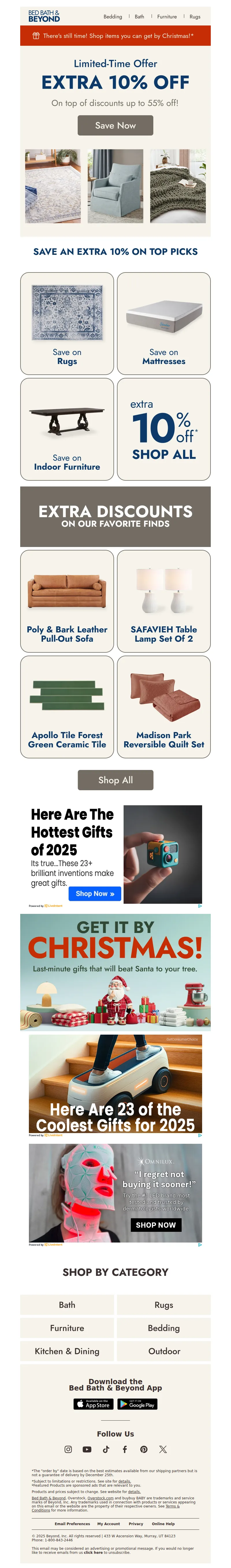 Email screenshot from Bed Bath & Beyond - Extra 10% off our favorite finds 🔥