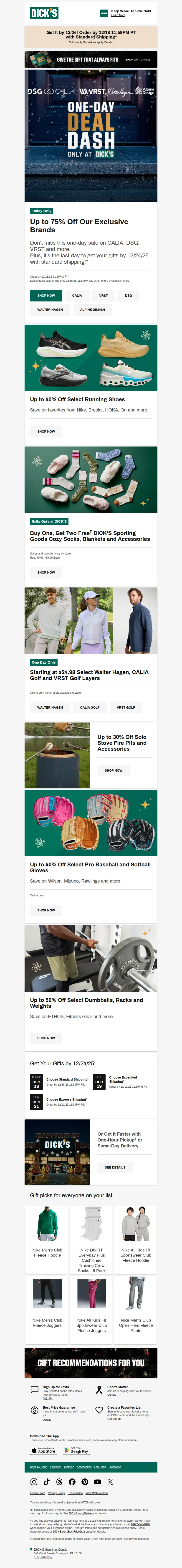 Email screenshot from Dick's Sporting Goods - One. Day. Up to 75% off select VRST, CALIA, DSG & more exclusive brands
