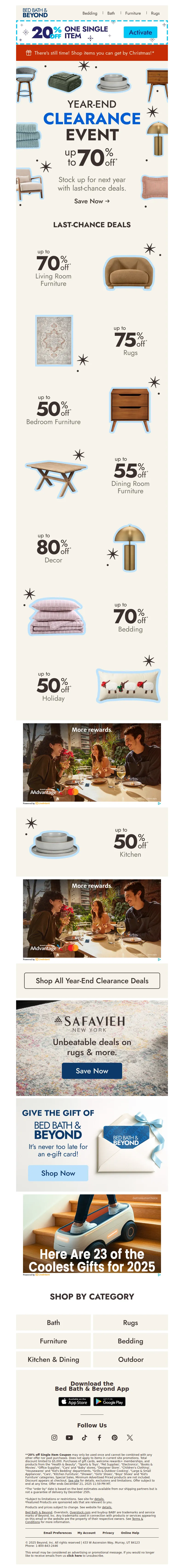 Email screenshot from Bed Bath & Beyond - Our Year-End Clearance starts NOW ⚡