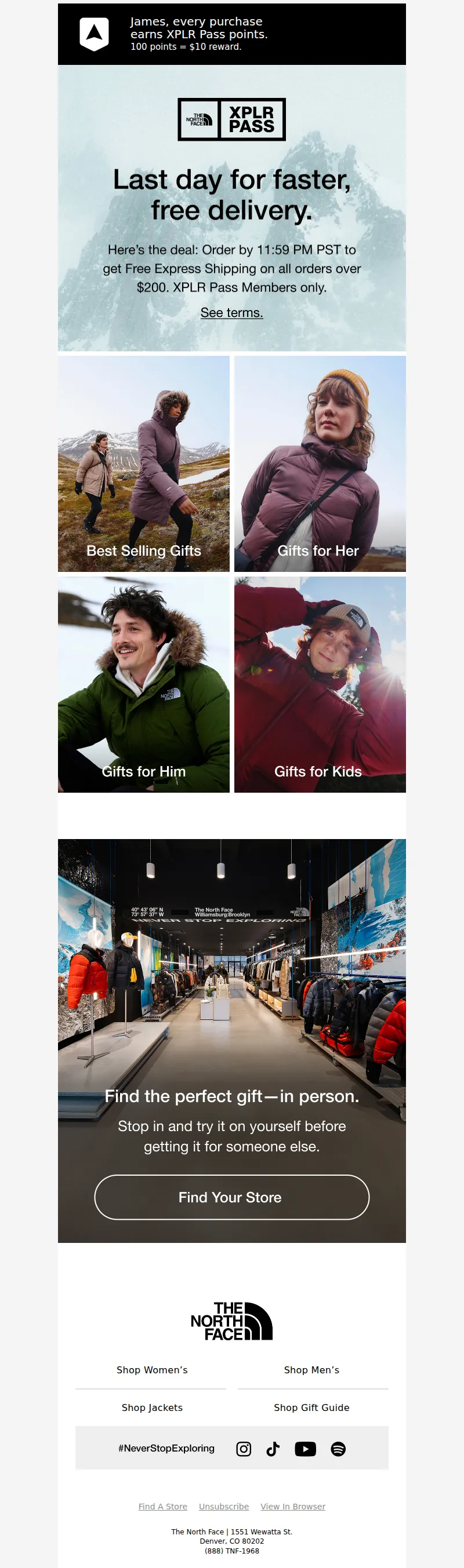 Email screenshot from The North Face - Final day: Spend $200+ and get Free Express Shipping