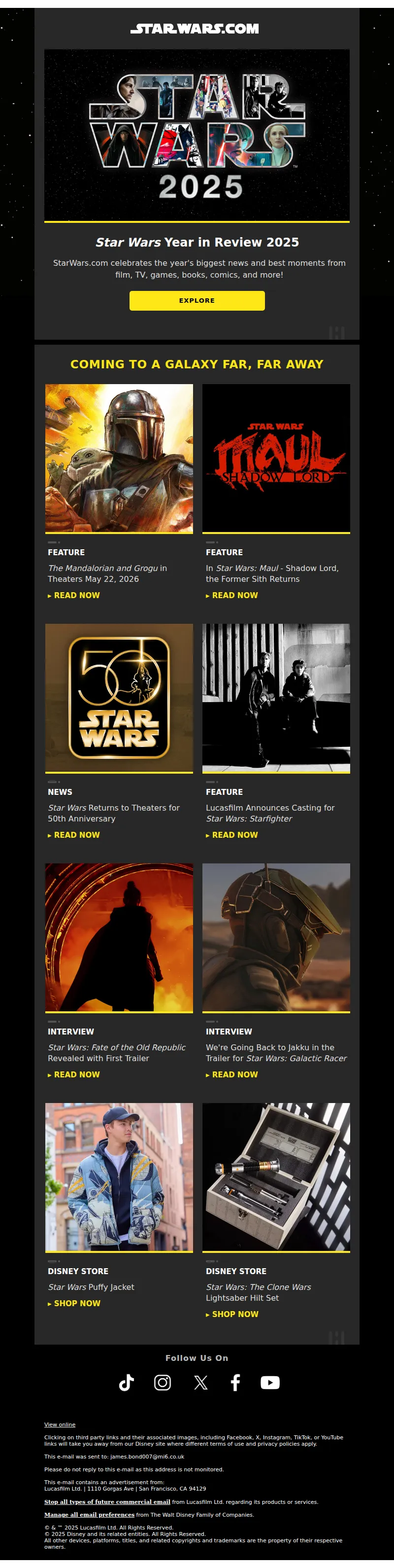 Email screenshot from Starwars.com - Celebrate the biggest Star Wars moments of 2025!