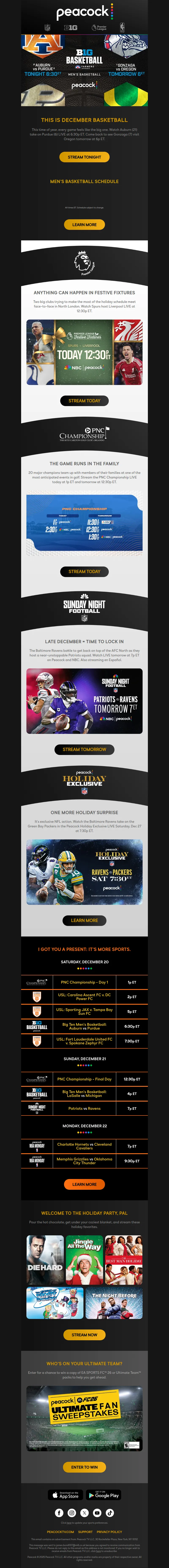 Email screenshot from Peacock - Top sports all weekend long