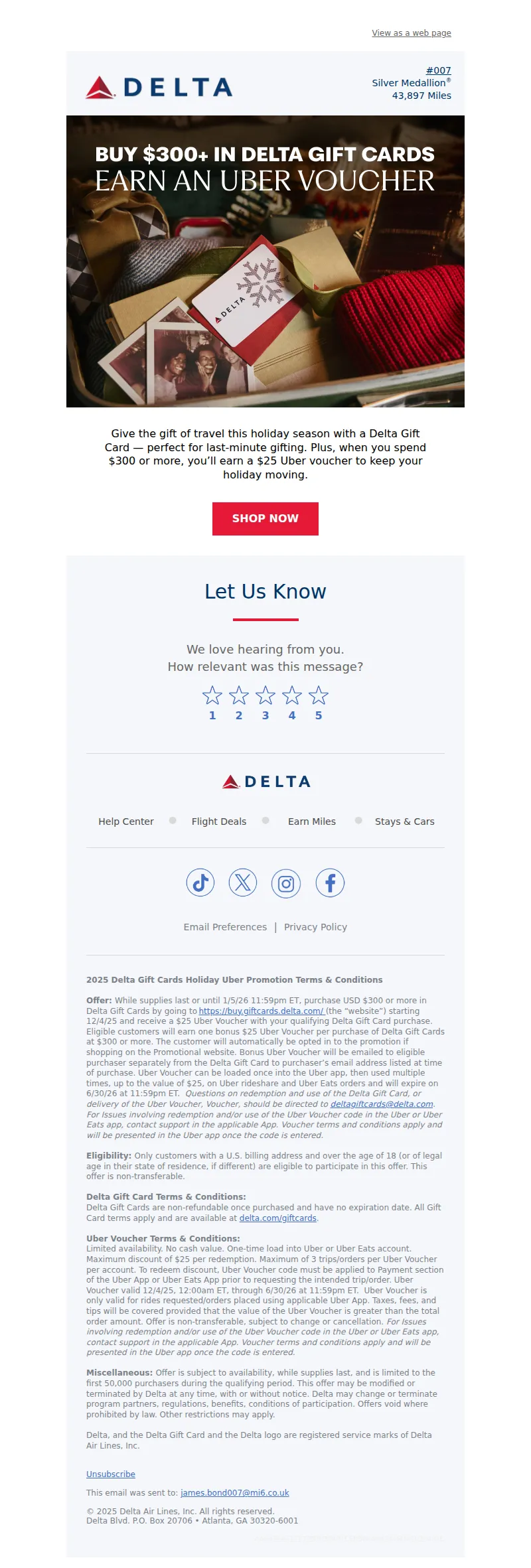 Email screenshot from Delta Air Lines - Don’t Miss Out: Earn A $25 Uber Voucher With Delta Gift Cards