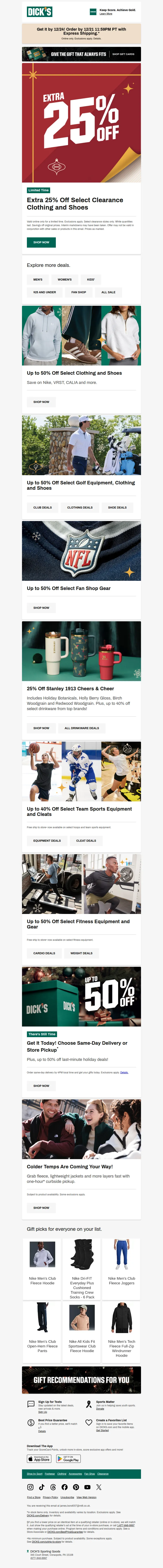 Email screenshot from Dick's | Clearance - 🎁 For you: EXTRA 25% off select clearance clothing & shoes