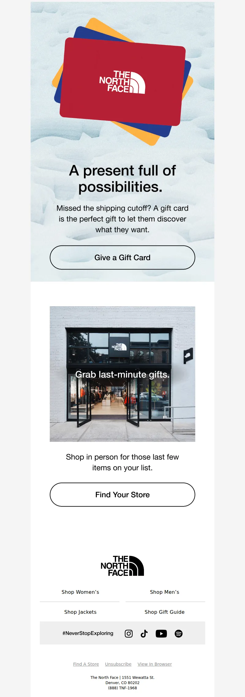 Email screenshot from The North Face - Running out of time? Give a gift card.