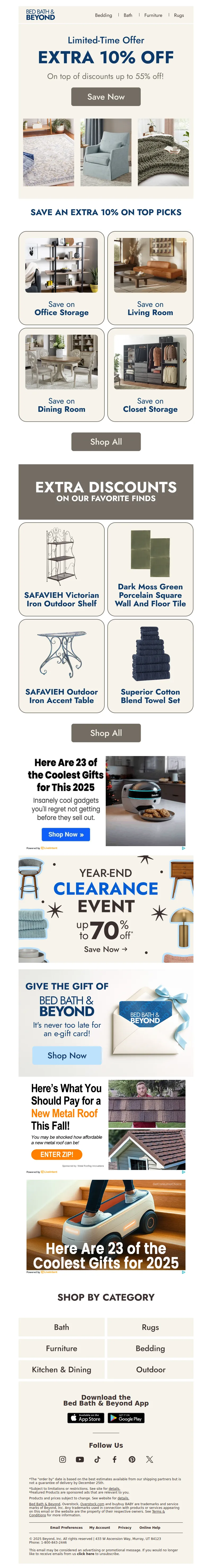 Email screenshot from Bed Bath & Beyond - Extra 10% off our favorite finds ends tonight ⏳