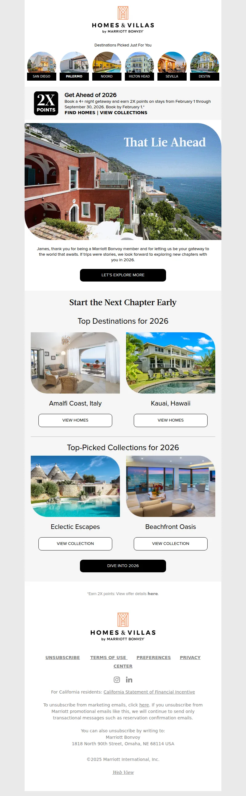 Email screenshot from Homes & Villas By Marriott Bonvoy - Mr. Bond, thank you for being a valuable member