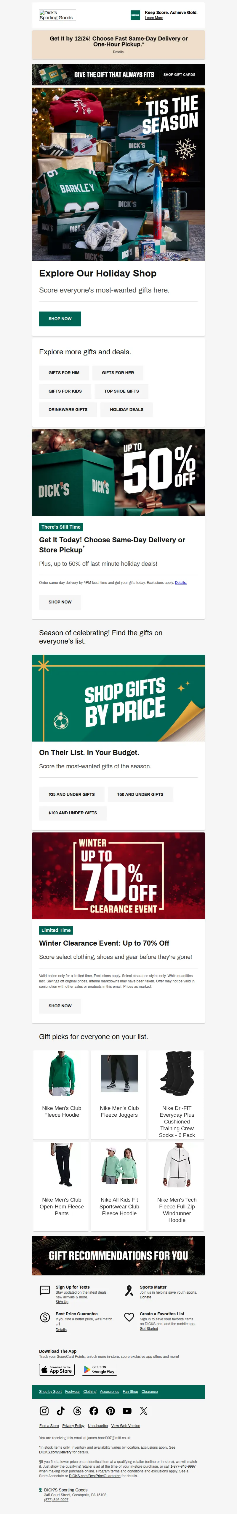 Email screenshot from Dick's | Holiday Shop - Most-wanted gifts on everyone’s list 🎁