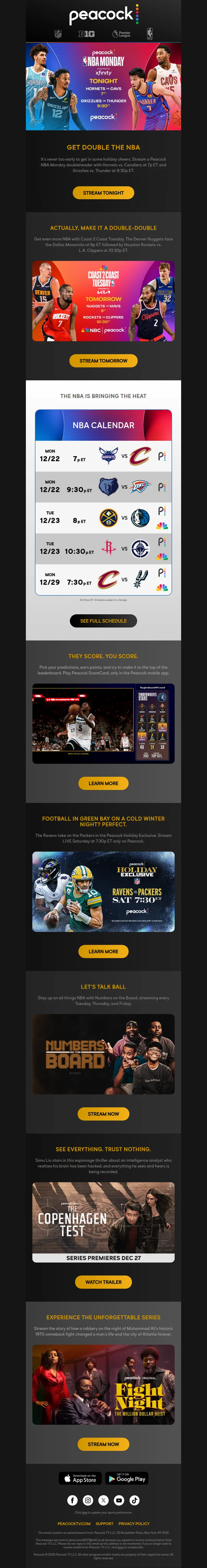 Email screenshot from Peacock - TONIGHT: NBA on Peacock 🏀
