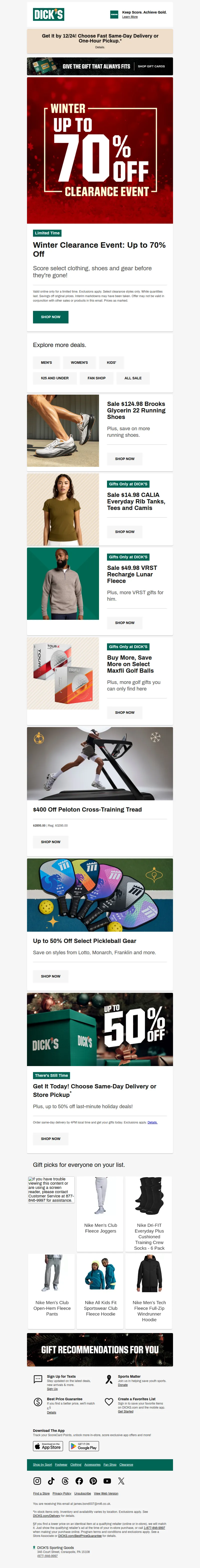 Email screenshot from Dick's | Clearance - Stop scrolling! Up to 70% off Winter Clearance is happening NOW