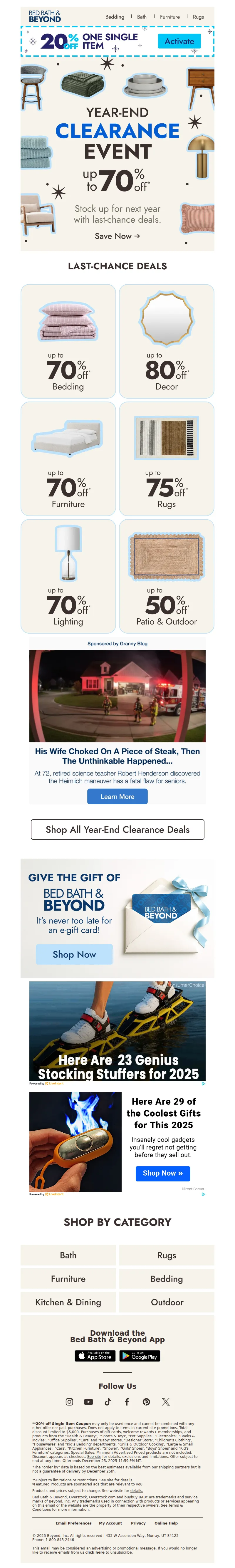 Email screenshot from Bed Bath & Beyond - Up to 70% off our Year-End Clearance 🏷️