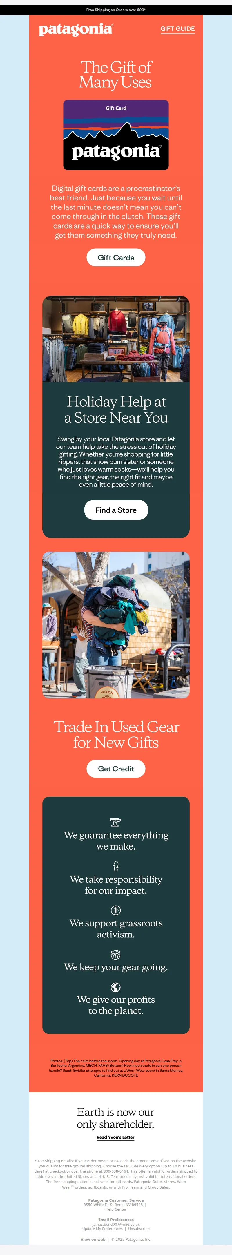 Email screenshot from Patagonia - Gift cards to make giving easy
