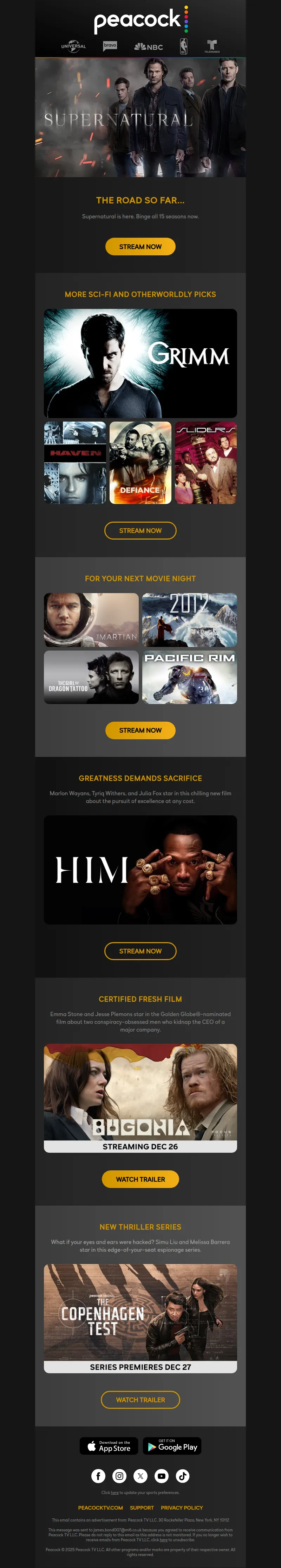 Email screenshot from Peacock - Supernatural 🌀 Stream every episode