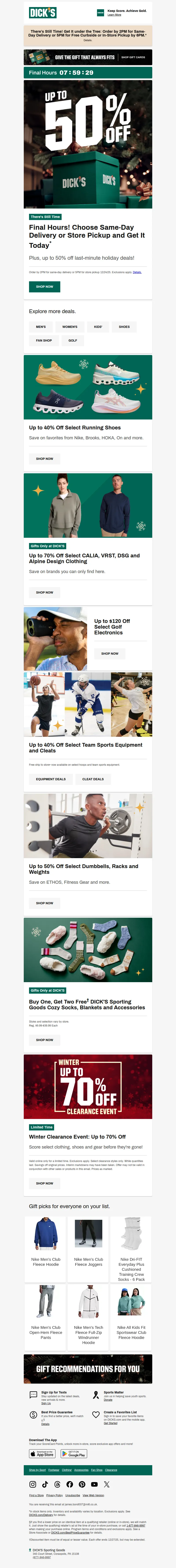 Email screenshot from Dick's Sporting Goods - The countdown is on! ⏳ Get gifts in time with same-day delivery or store pickup.