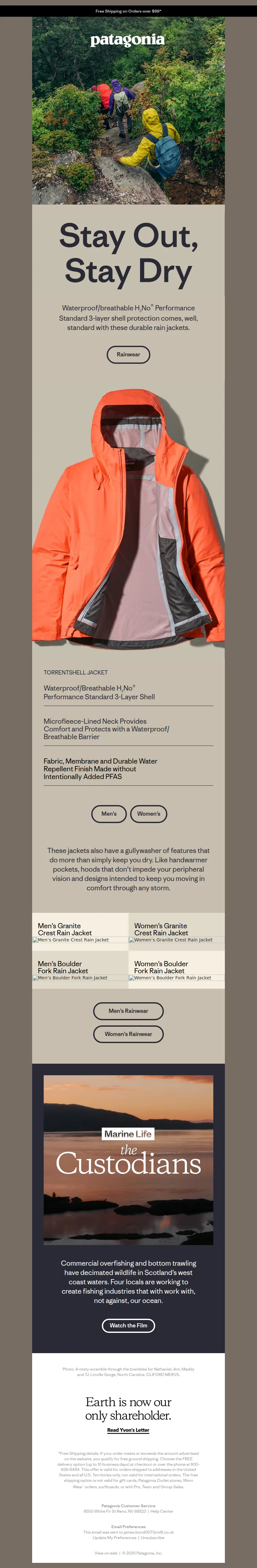 Email screenshot from Patagonia - Keep dry in wet weather