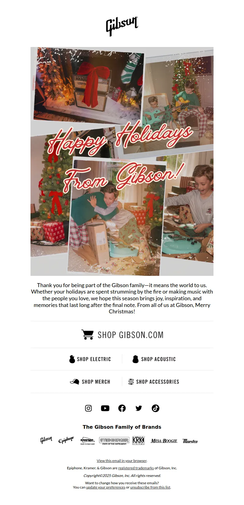 Email screenshot from Gibson - Wishing you a joyful, music-filled Christmas 🎁