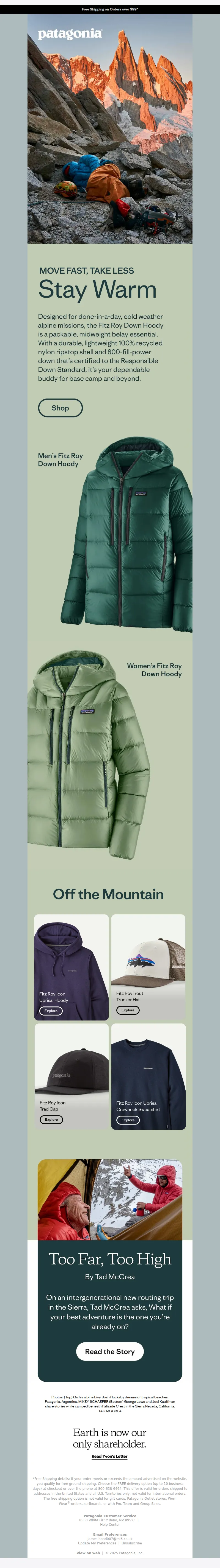 Email screenshot from Patagonia - Fitz Roy Down: high loft for low temps