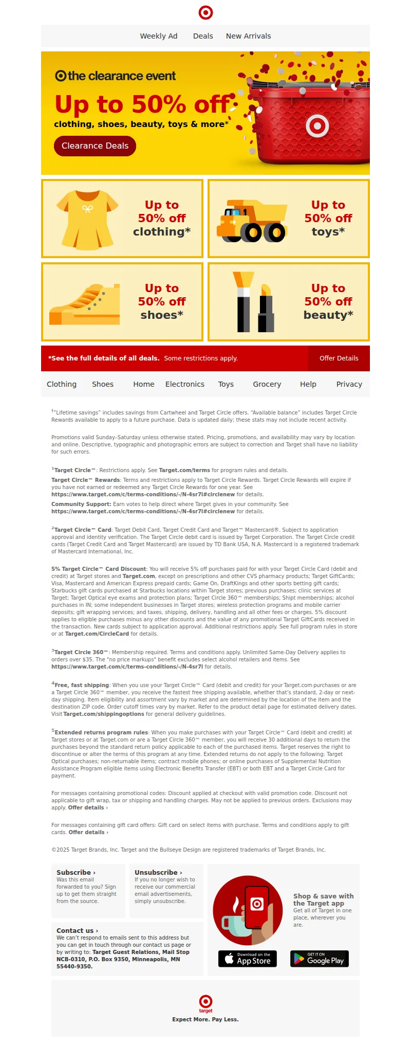 Email screenshot from Target - The Clearance Event starts now: up to 50% off top picks ๐จ