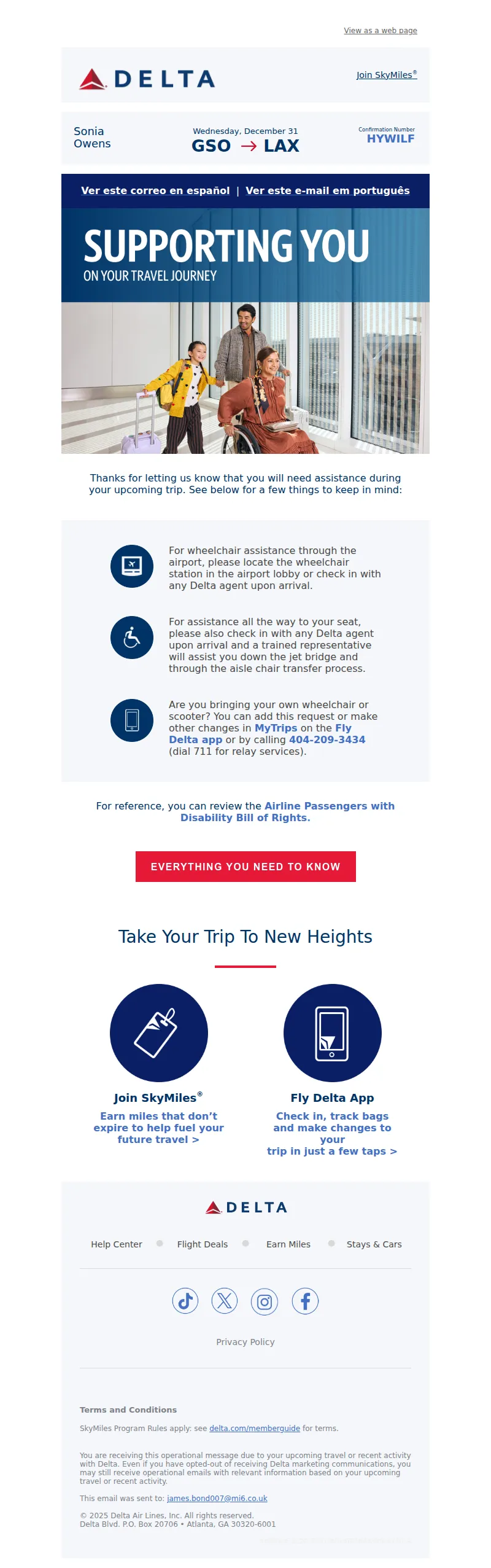 Email screenshot from Delta Air Lines - Tips For Your Trip:  Airport Wheelchair Assistance