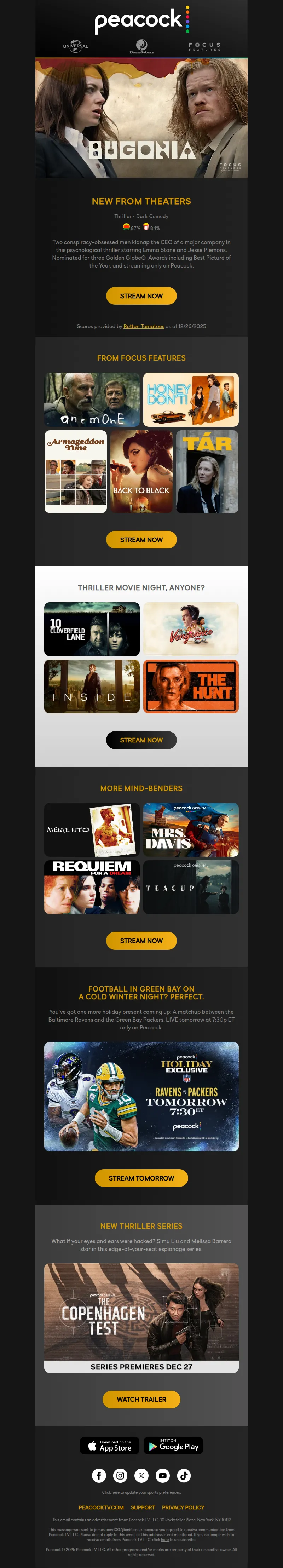 Email screenshot from Peacock - New from Theaters: Bugonia