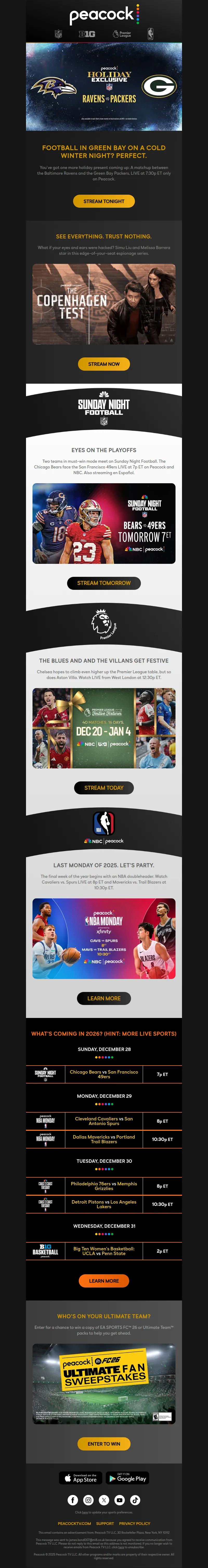 Email screenshot from Peacock - TONIGHT: Ravens vs. Packers ๐